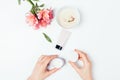 Female hands holding open jar cosmetic cream Royalty Free Stock Photo