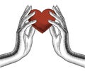 Female hands holding on the palm a red heart.