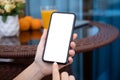 Female hands holding phone with isolated screen on background cafe Royalty Free Stock Photo