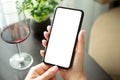 Female hands holding phone with isolated screen in cafe Royalty Free Stock Photo