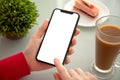 Female hands holding phone with isolated screen in a cafe Royalty Free Stock Photo