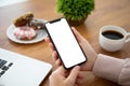 Female hands holding phone with isolated screen in the office Royalty Free Stock Photo