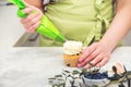 Female hands holding piping bag filled with cream cheese and decorating cupcakes. Pastry chef using a pastry bag