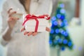 Female hands holding a present box, portrait of young smiling woman in decorated living room with gifts and Christmas tree Royalty Free Stock Photo