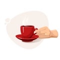 Female hands holding red cup of hot drink like coffee or tea. Coffee day. Hyugge. Twosome conversation.