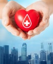 Female hands holding red heart with donor sign Royalty Free Stock Photo