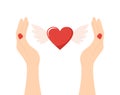 Female hands holding red heart with wings isolated on white background. Vector lustration in flat style