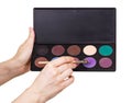 Female hands holding a set of colorful eye shadow and cosmetic b Royalty Free Stock Photo