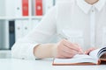 Female hands holding a silver pen closeup. Business woman making notes at office workplace. Royalty Free Stock Photo