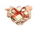 Female hands holding a small gift wrapped with red ribbon