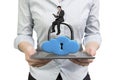 Female hands holding smart tablet businessman cloud shape lock Royalty Free Stock Photo