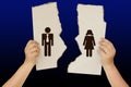 Female hands holding a torn poster separating the symbol of a man and a woman, the concept of a breakup, divorce, separation, Royalty Free Stock Photo