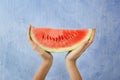 Female hands holding watermelon slice on light background Royalty Free Stock Photo