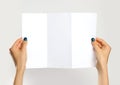 Female hands holding a white booklet triple sheet of paper. Isolated on gray background. Closeup