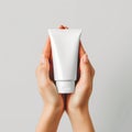 Female hands holding white tube of hand cream mockup on gray background. Cosmetic and medicine bottle mock up Royalty Free Stock Photo