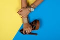 Female hands with jewelry. Fashion accessories, wrist watches, glamor bracelets Royalty Free Stock Photo