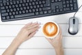 Female hands keyboard mouse from computer cup of coffee Royalty Free Stock Photo