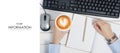 Female hands keyboard mouse from computer notebook pen cup of coffee pattern Royalty Free Stock Photo