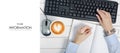 Female hands keyboard mouse from computer notebook pen cup of coffee pattern Royalty Free Stock Photo