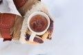 Female hands in knitted grey mittens hold white cup of black spicy tea with anisetree star.