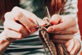 Female hands knitting with beige wool. Close-up of woman knits scarf, sweater, socks or mittens with knitting needles. Process of Royalty Free Stock Photo