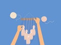 Female hands knitting macrame on blue background. Colorful vector illustration in flat style