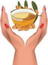 Female hands lift argan oil container-