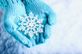 Female hands in light teal knitted mittens with sparkling wonderful snowflake on a white snow background. Winter Christmas concept Royalty Free Stock Photo