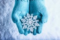 Female hands in light teal knitted mittens with sparkling wonderful snowflake on a white snow background. Winter Christmas concept Royalty Free Stock Photo