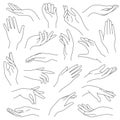 Female hands line. Outline elegant woman hand gestures. Beautiful palm and fingers icons in one line fashion minimalist