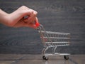 Female hands and a little empty trolley supermarket basket on the floor against the backdrop of a wooden wall Royalty Free Stock Photo