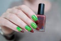 Female hands with long nails and green and brown manicure Royalty Free Stock Photo