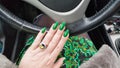 Female hands with long nails with green nail polish Royalty Free Stock Photo