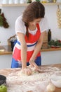 Female hands making dough for pizza or bread on wooden table. Baking concept Royalty Free Stock Photo