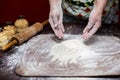 Female hands making dough for pizza. Making bread