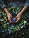 Female hands making a wreath of fresh wild flowers and herbs for midsummer celebration. Traditional craftsmanship. Generative AI Royalty Free Stock Photo