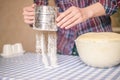Female hands making yeast pizza dough, kneading dough for homemade bread, Royalty Free Stock Photo