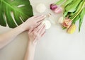 Female hands manicure, healthy lifestyle cosmetic essen cream, spring creative tulip flower, monstera leaf on a colored background Royalty Free Stock Photo