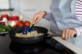 Female hands mixing rice with vegetables in frying pan Royalty Free Stock Photo