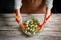 Female hands mixing a vegetable salad in a glass bowl against a wooden background Royalty Free Stock Photo