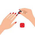 Female hands with nail polish. Coat your fingernails with red varnish. Vector illustration on white background Royalty Free Stock Photo