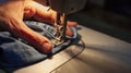 Female hands on an old sewing machine sew denim. Close-up Royalty Free Stock Photo