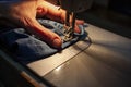 Female hands on an old sewing machine sew denim. Close-up Royalty Free Stock Photo