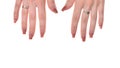 Female hands and overgrown manicure false nails on a white background. Body care concept