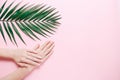 Female hands with palm leaf on pink background. Tender women manicure. Beauty, welness and organic natural cosmetic. Top