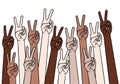 Female hands with peace sign, victory symbol, anti racism, vector illustration