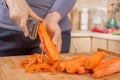 Female hands peel carrots using a vegetable peeler.