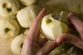 Female hands peeling skin off of green apple using a paring knife Royalty Free Stock Photo