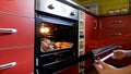 Female Hands Placing Raw Whole Chicken on tray into Oven for Roasting Royalty Free Stock Photo