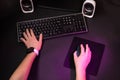 Female hands playing computer game with mouse and keyboard. Royalty Free Stock Photo